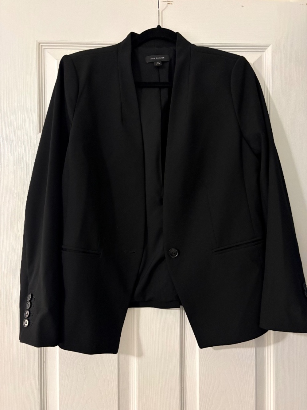 Ann Taylor Black Collarless Blazer in Fluid Crepe